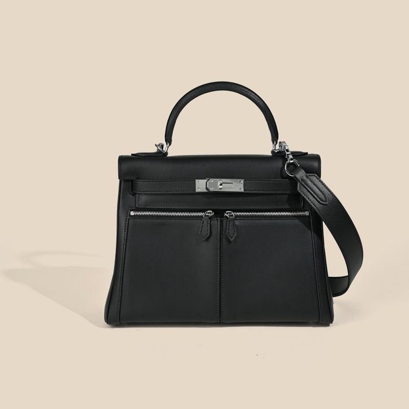Sac À Main En Cuir Véritable Minimaliste À Double Poche Et Fermeture À Clé Pour Femmes