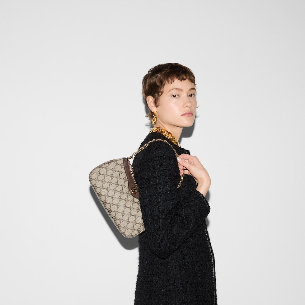 SAC À ÉPAULE OPHIDIA PETITE TAILLE beige et ébène