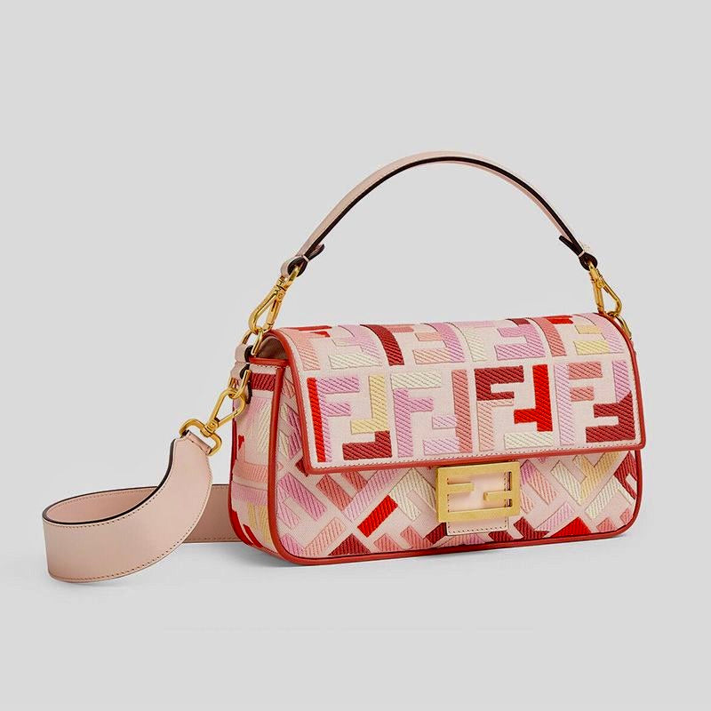 Sac Baguette moyen Fendi en toile à motif FF rose/rouge