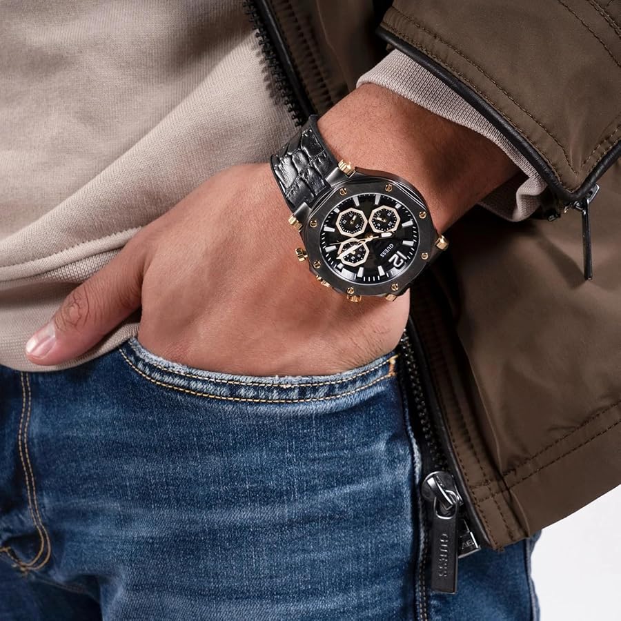 Montre GUESS multifonction US Homme Cuir Noir