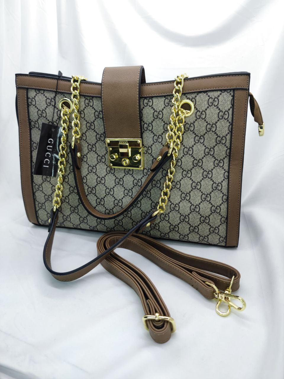 Gucci Marron Petit GG Supreme Padlock Tote Beige