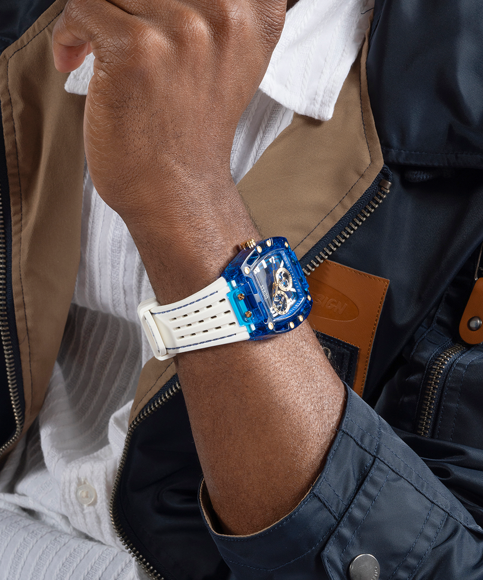 Montre multifonction GUESS pour homme blanche et bleue