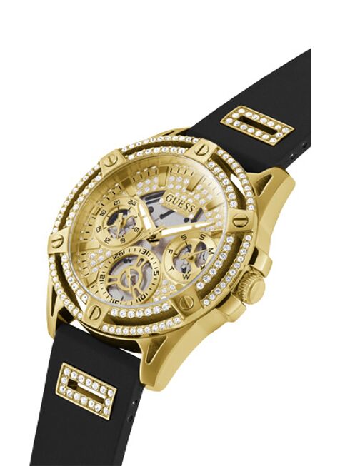 Montre pour femme Guess King Quartz Cristaux Cadran doré Bracelet en silicone noir - GW0537G2
