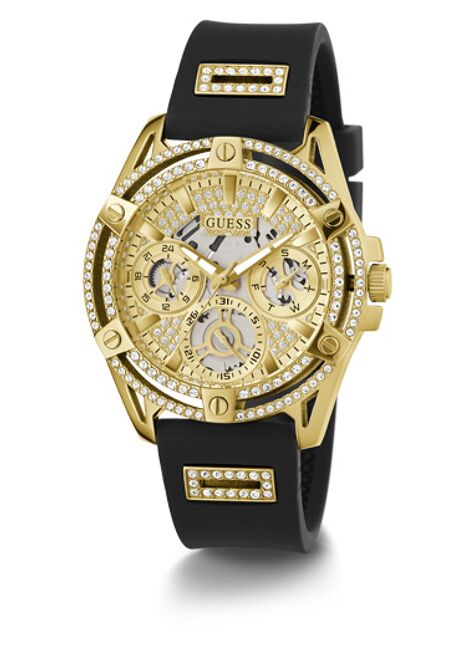 Montre pour femme Guess King Quartz Cristaux Cadran doré Bracelet en silicone noir - GW0537G2