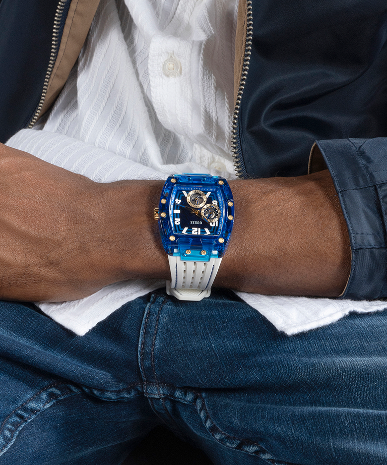 Montre multifonction GUESS pour homme blanche et bleue