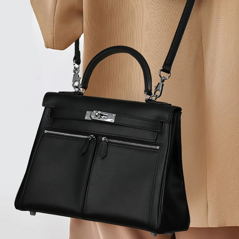 Sac À Main En Cuir Véritable Minimaliste À Double Poche Et Fermeture À Clé Pour Femmes