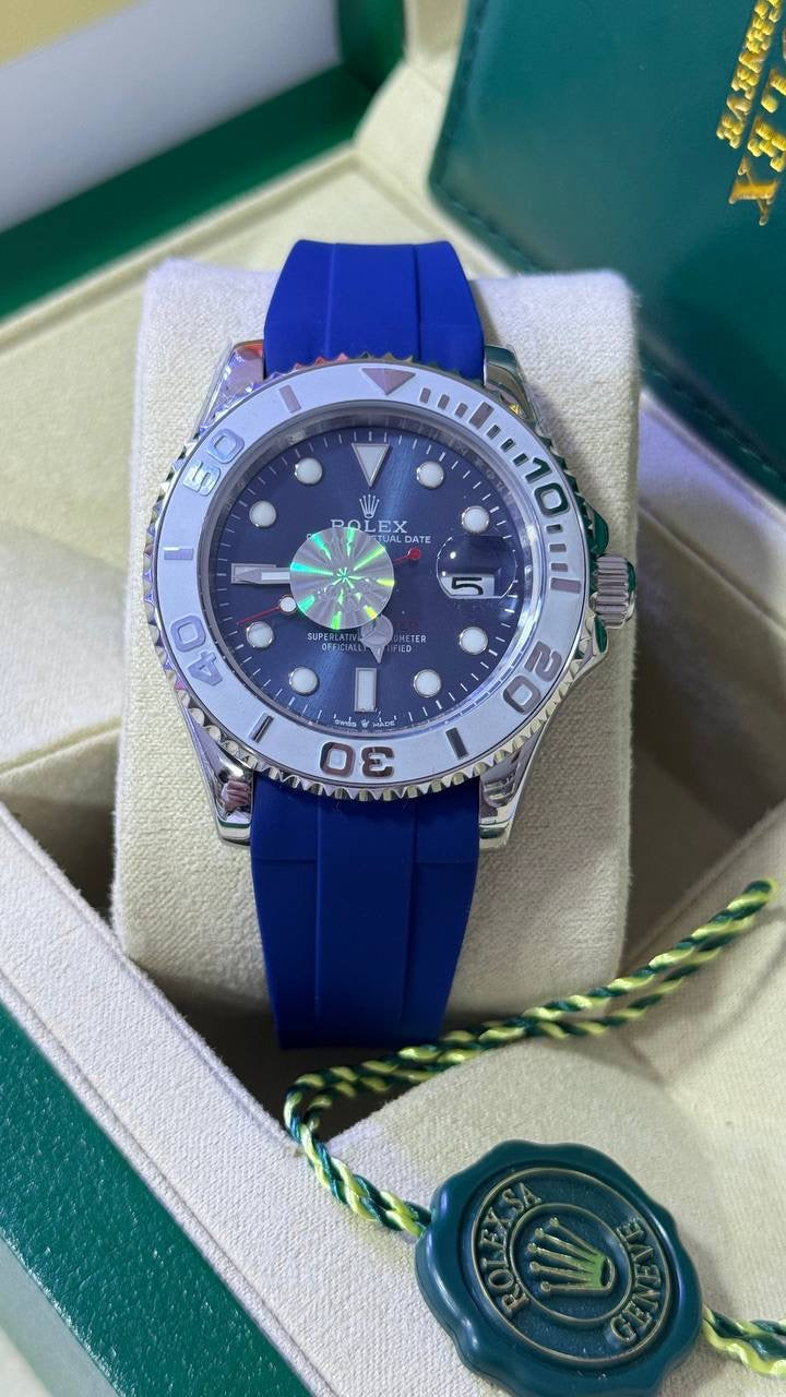 ROLEX | YACHT-MASTER 40 STAINLESS STEEL PLATINUM BEZEL BLUE DIAL WITH BLUE RUBBERB