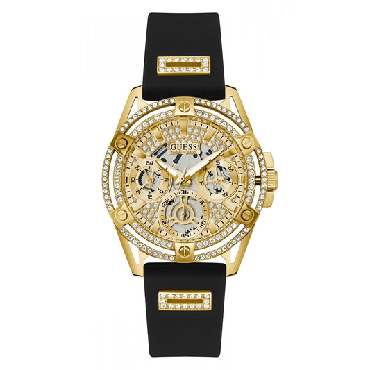 Montre pour femme Guess King Quartz Cristaux Cadran doré Bracelet en silicone noir - GW0537G2