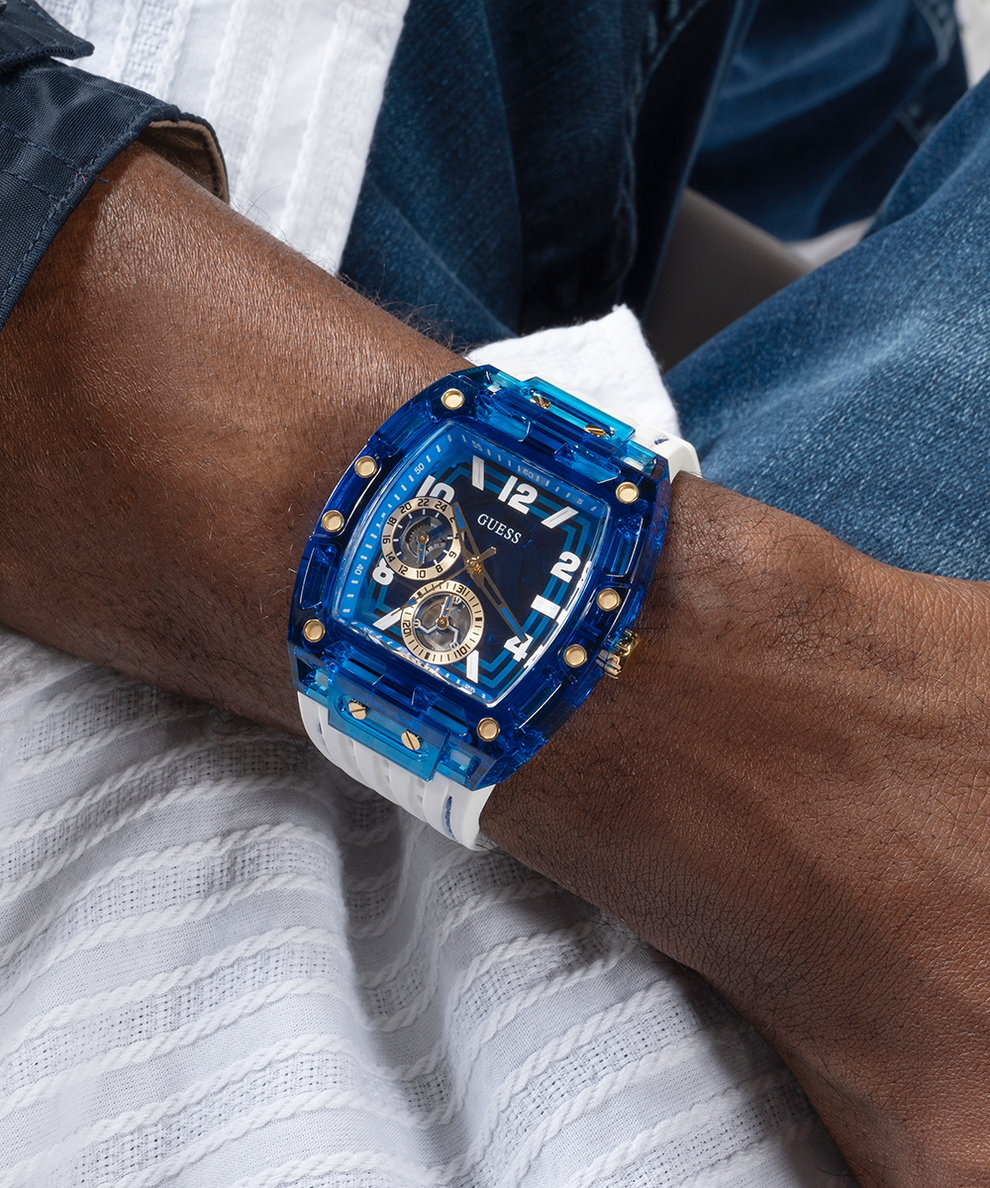 Montre multifonction GUESS pour homme blanche et bleue