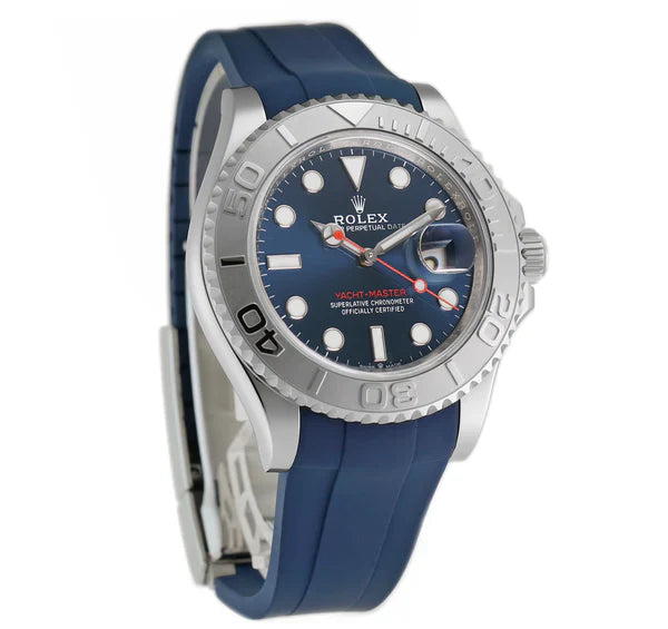 ROLEX | YACHT-MASTER 40 STAINLESS STEEL PLATINUM BEZEL BLUE DIAL WITH BLUE RUBBERB