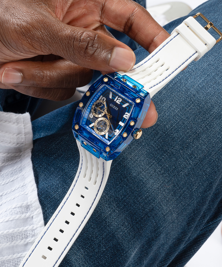 Montre multifonction GUESS pour homme blanche et bleue