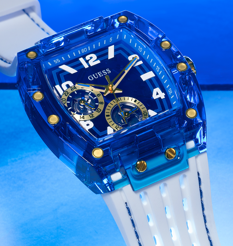 Montre multifonction GUESS pour homme blanche et bleue